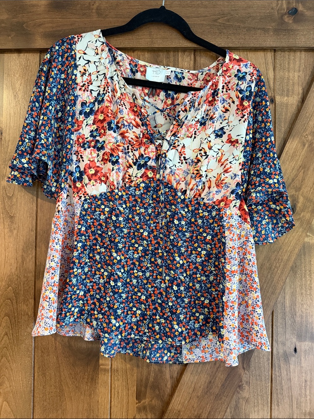 Anhropologie HD  Paris Color Block Floral Mixed Print Tie Neck Blouse Sz 8P